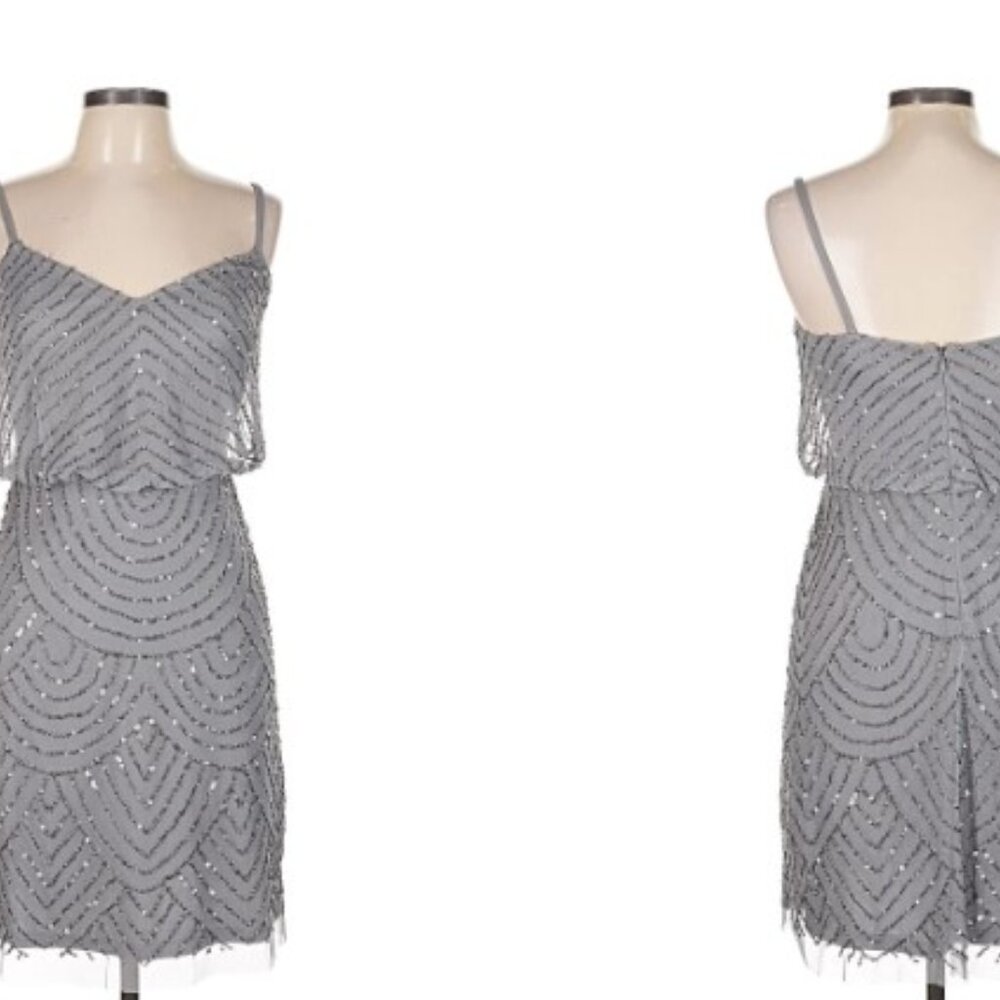 NWT Adrianna Papell Women's Silver Grey Blouson Beaded Dress Size 0